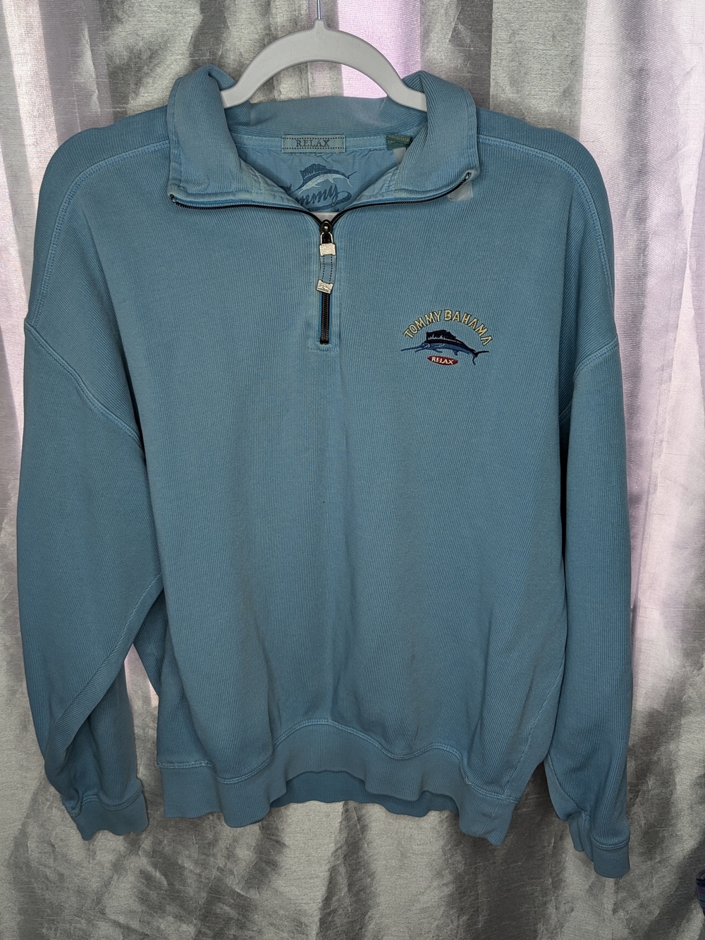 Tommy Bahama Relax Men’s 1/4 Zip Mock Neck Knit Sweatshirt Logo Blue M
